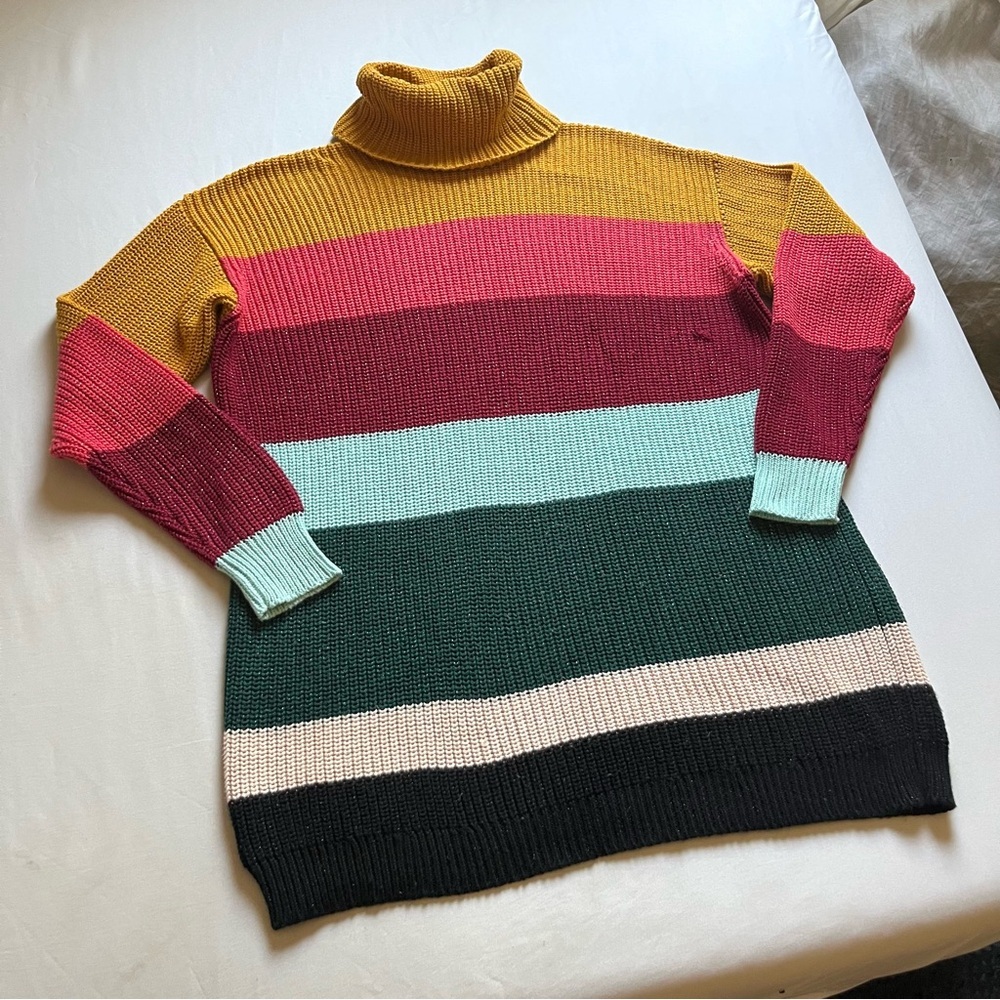 FARM RIO ANTHROPOLOGIE rainbow stripe lurex glitter‎ metallic turtleneck sweater
